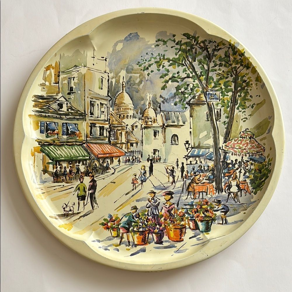 Vintage Daher Decorated Ware French Marketplace City Large Round Tin Tray 16”